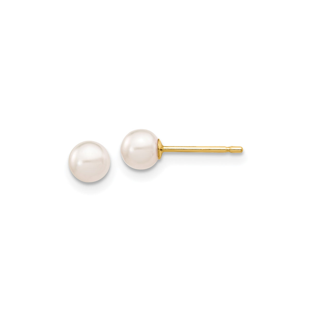 14k Yellow Gold Pearl Stud Earrings with Round White Cultured Pearls, Classic Design for Women