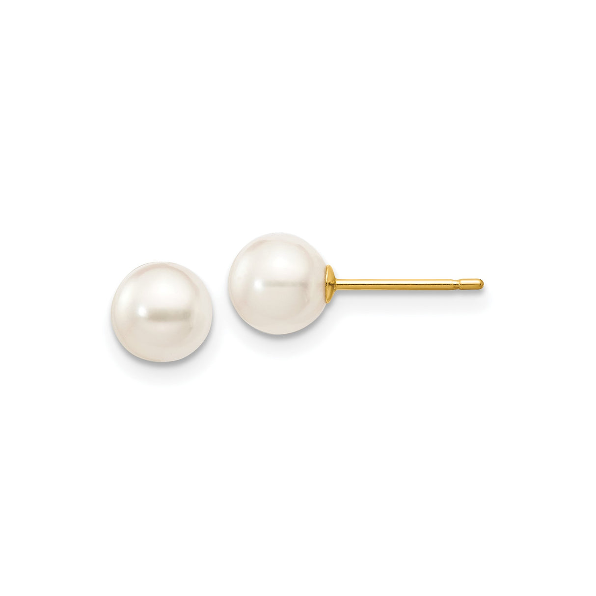 14k Yellow Gold Pearl Stud Earrings, Round White Cultured Pearls, Classic Minimalist Design