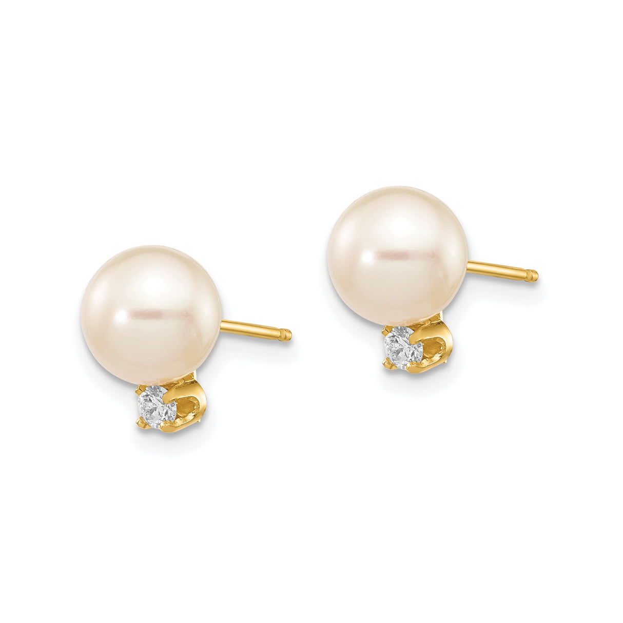 14k Yellow Gold Stud Earrings with Round Freshwater Pearls and Diamond Accents for Women