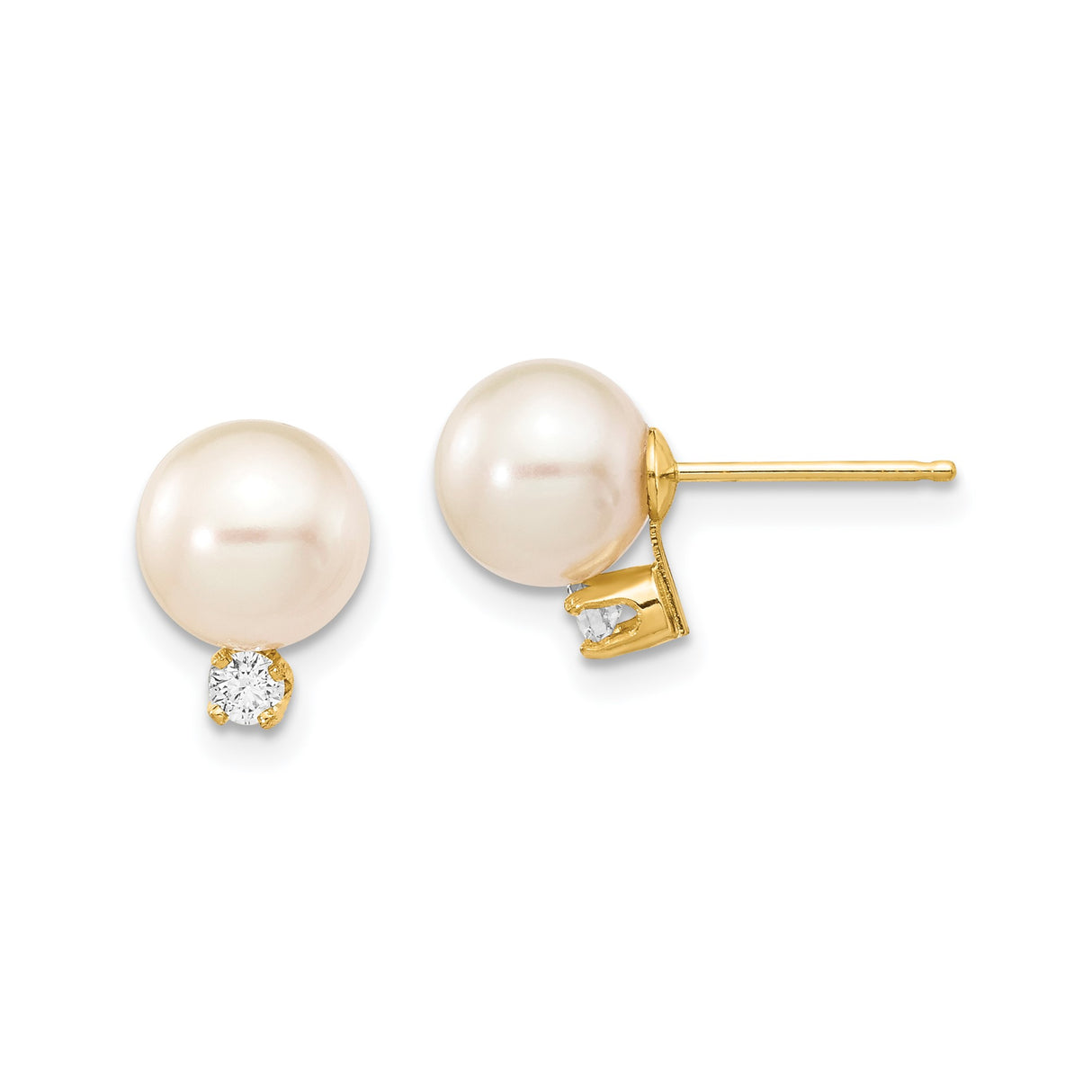 14k Yellow Gold Stud Earrings with Round Freshwater Pearls and Diamond Accents for Women
