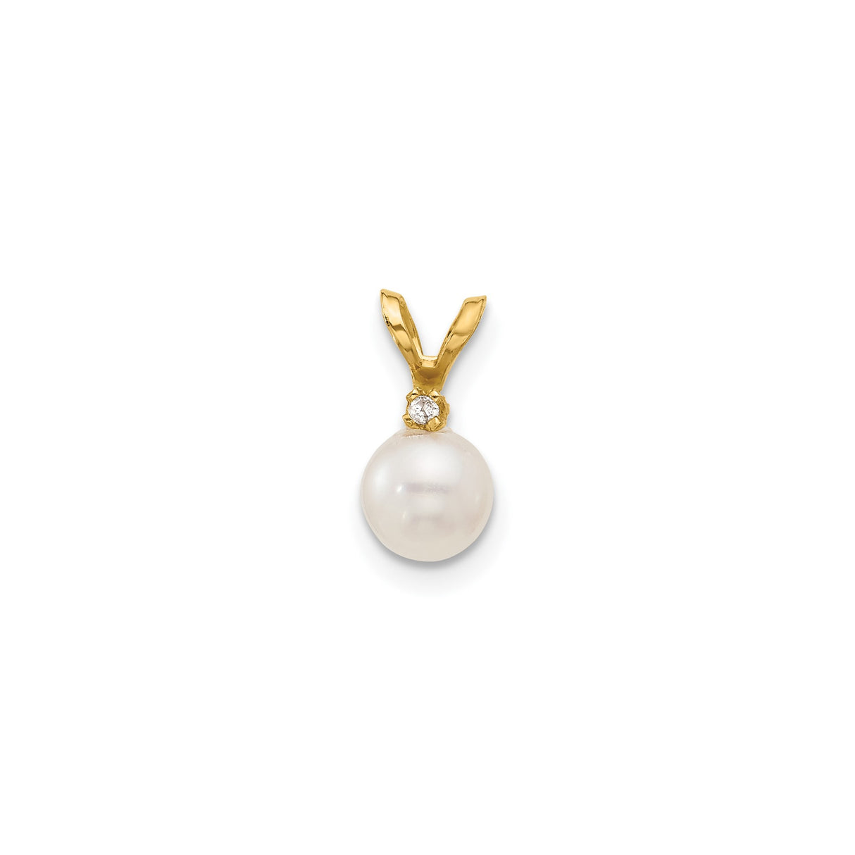 14k Yellow Gold Pendant with White Cultured Pearl and Diamond Accent, Classic Solitaire Style