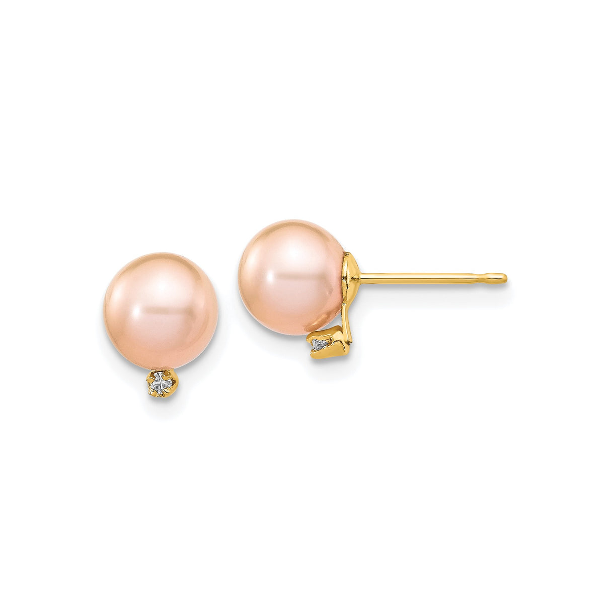 14k Yellow Gold Stud Earrings with Pink Cultured Pearls and Diamond Accents