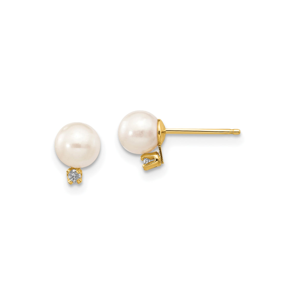 14k Yellow Gold Stud Earrings with White Freshwater Pearls and Diamonds, Classic Womens Jewelry