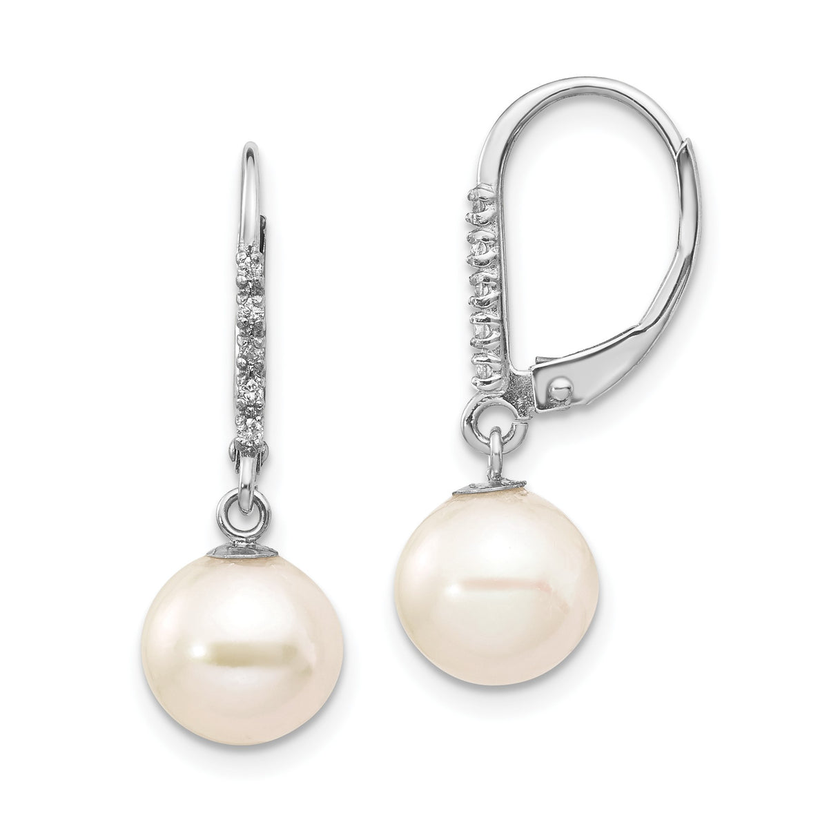 14k White Gold Drop Earrings with Cultured Pearls and Diamond Accents, Leverback Design