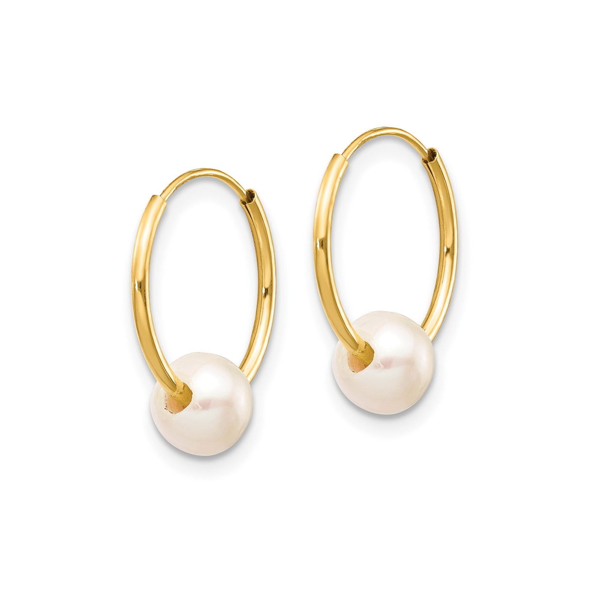 14k Yellow Gold Hoop Earrings with White Cultured Pearls, Minimalist Classic Style for Women