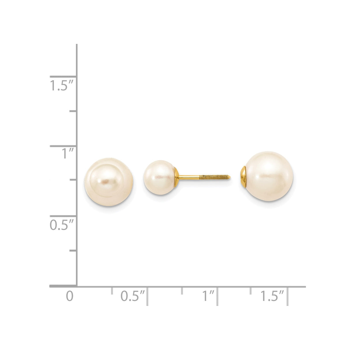 14k Yellow Gold Pearl Stud Earrings with Round White Cultured Pearls, Screw Back