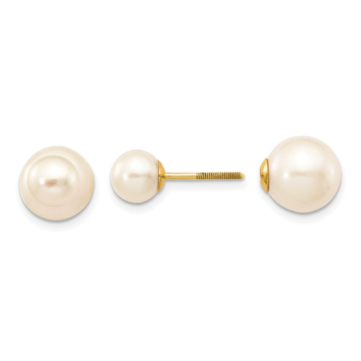 14k Yellow Gold Pearl Stud Earrings with Round White Cultured Pearls, Screw Back