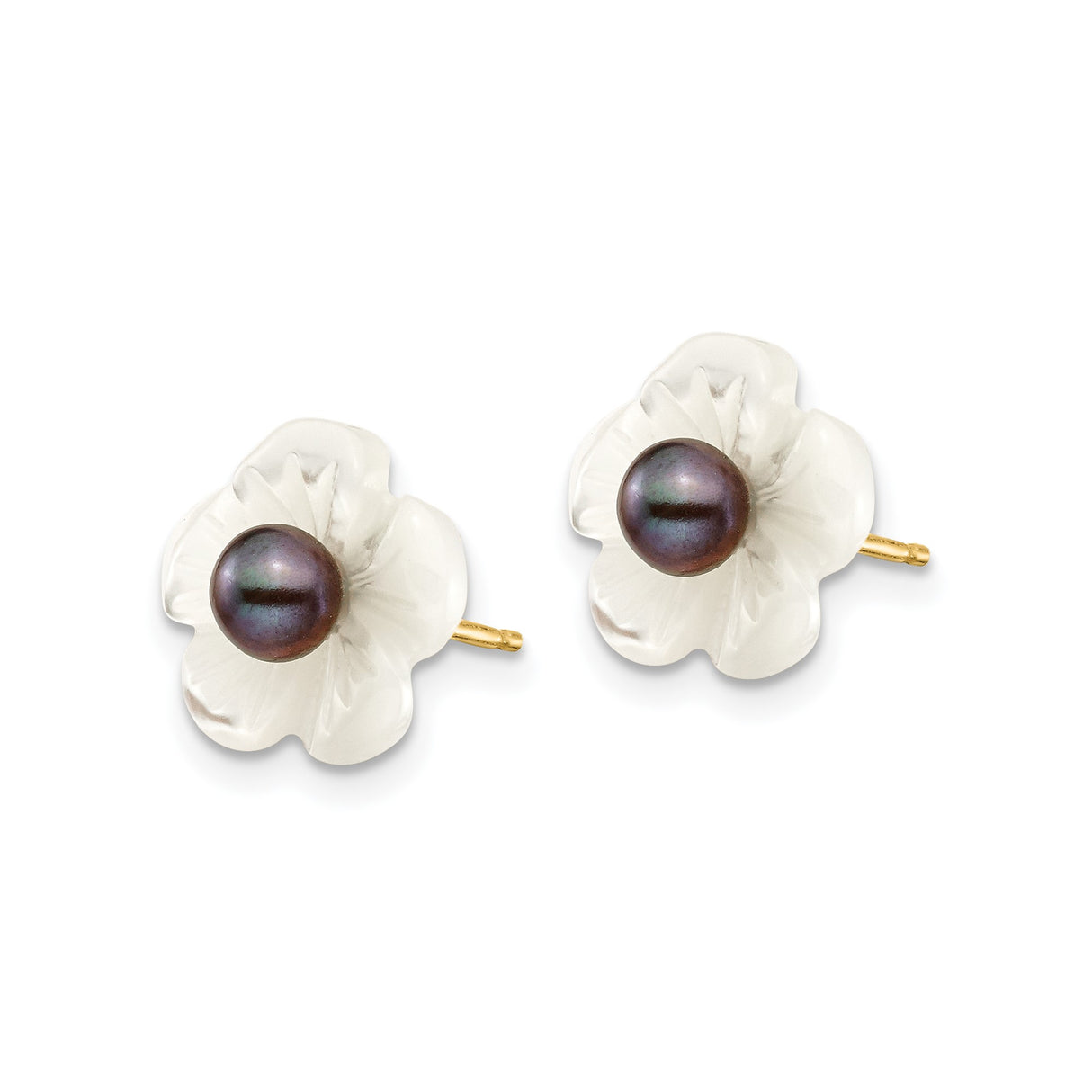 14k Yellow Gold Floral Stud Earrings with Black Pearl and Carved Mother of Pearl Flower