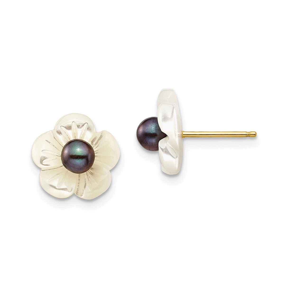 14k Yellow Gold Floral Stud Earrings with Black Pearl and Carved Mother of Pearl Flower
