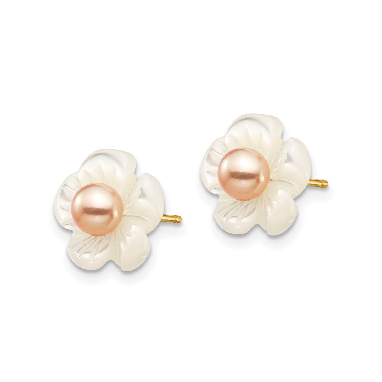 14k Yellow Gold Stud Earrings with Carved Mother of Pearl Flowers and Pink Cultured Pearls