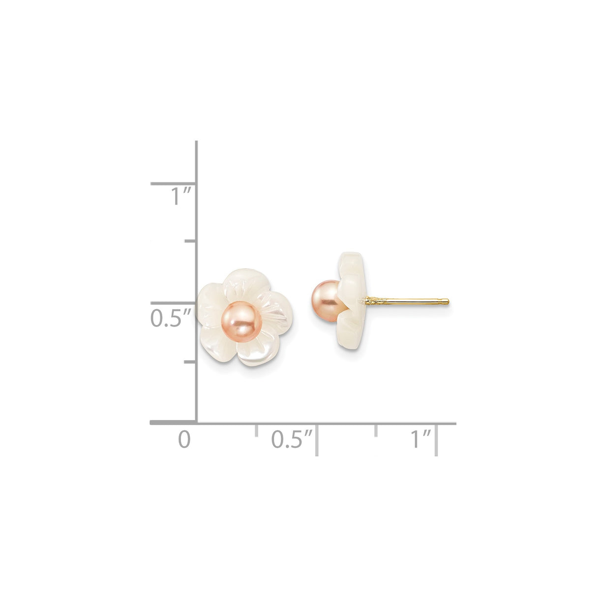 14k Yellow Gold Stud Earrings with Carved Mother of Pearl Flowers and Pink Cultured Pearls