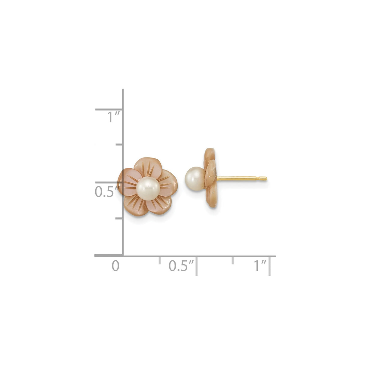 14k Yellow Gold Stud Earrings with Pearl Center and Carved Pink Floral Design