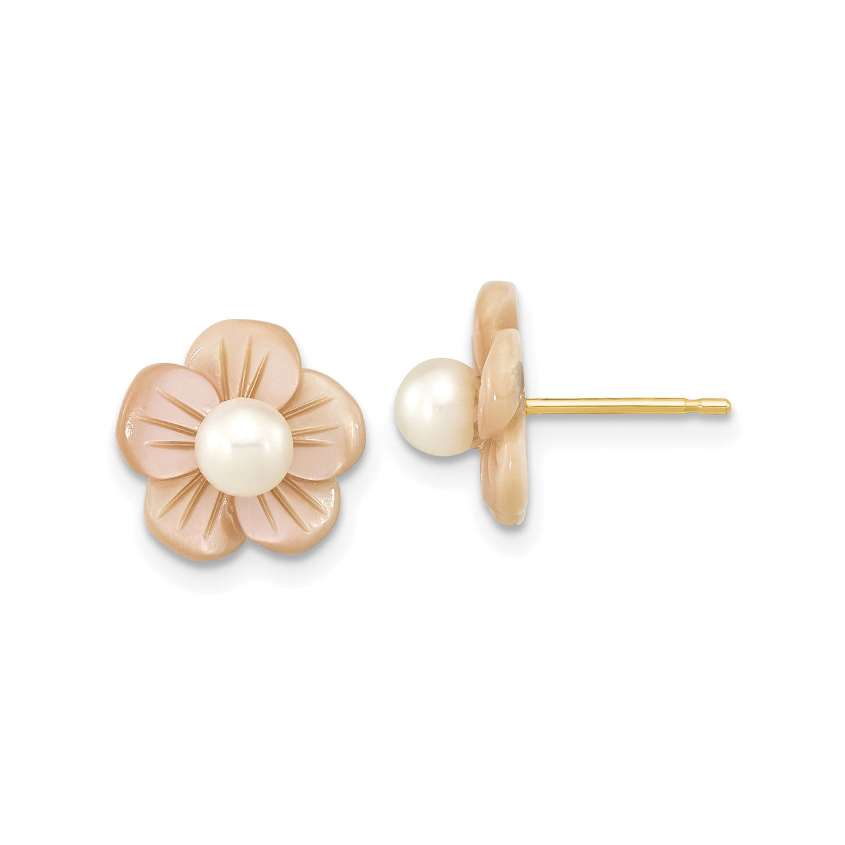 14k Yellow Gold Stud Earrings with Pearl Center and Carved Pink Floral Design