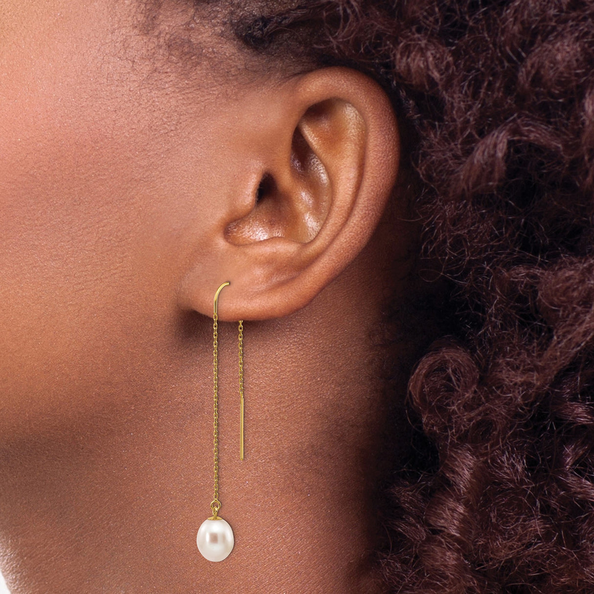 14k Yellow Gold Threader Earrings with Freshwater Pearl Drops, Minimalist Dangle Style