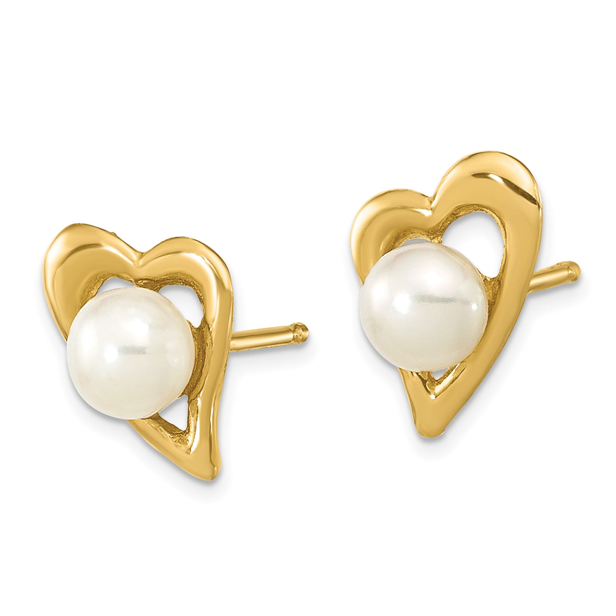 14k Yellow Gold Heart Stud Earrings with White Pearl Center, Open Heart Design