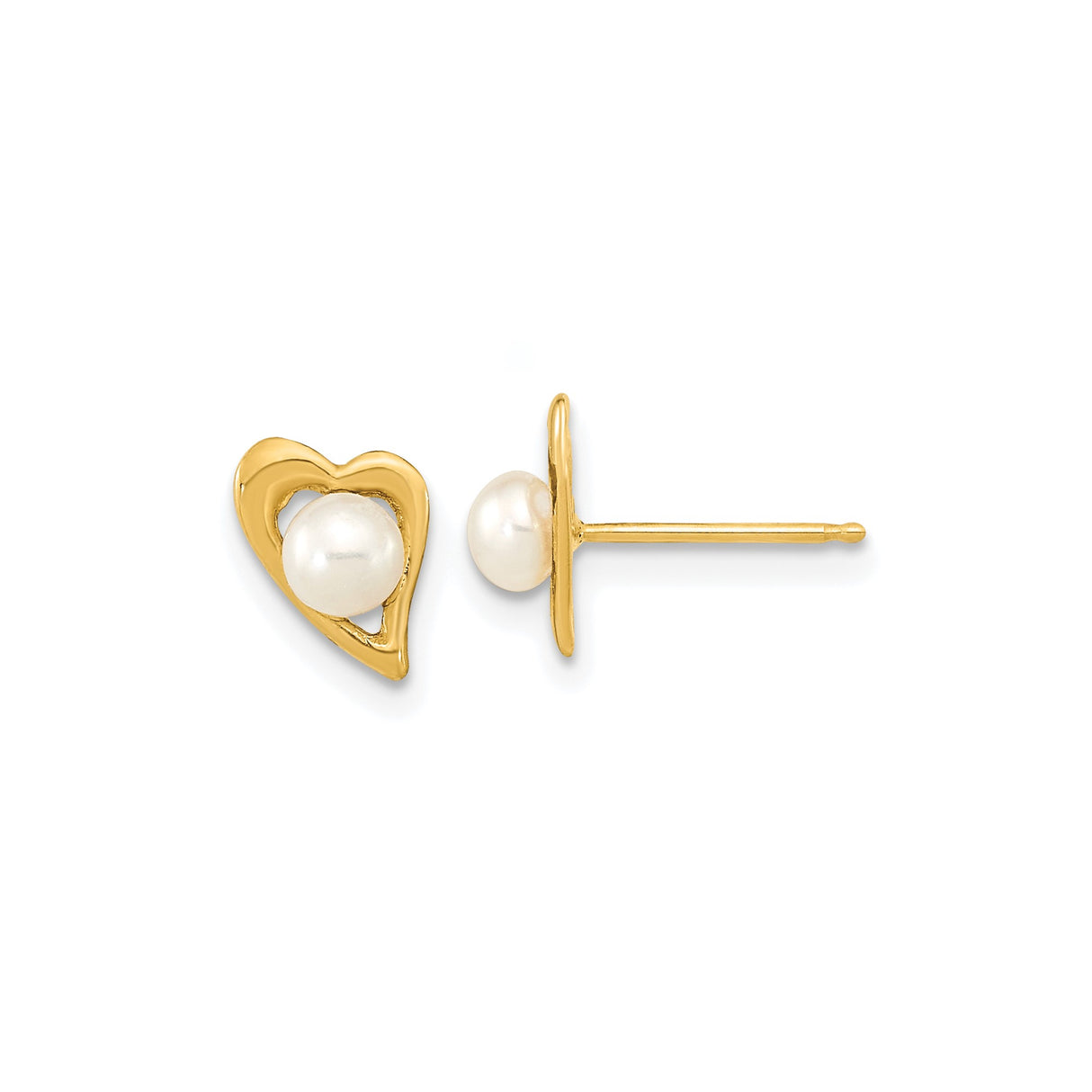 14k Yellow Gold Heart Stud Earrings with White Pearl Center, Open Heart Design