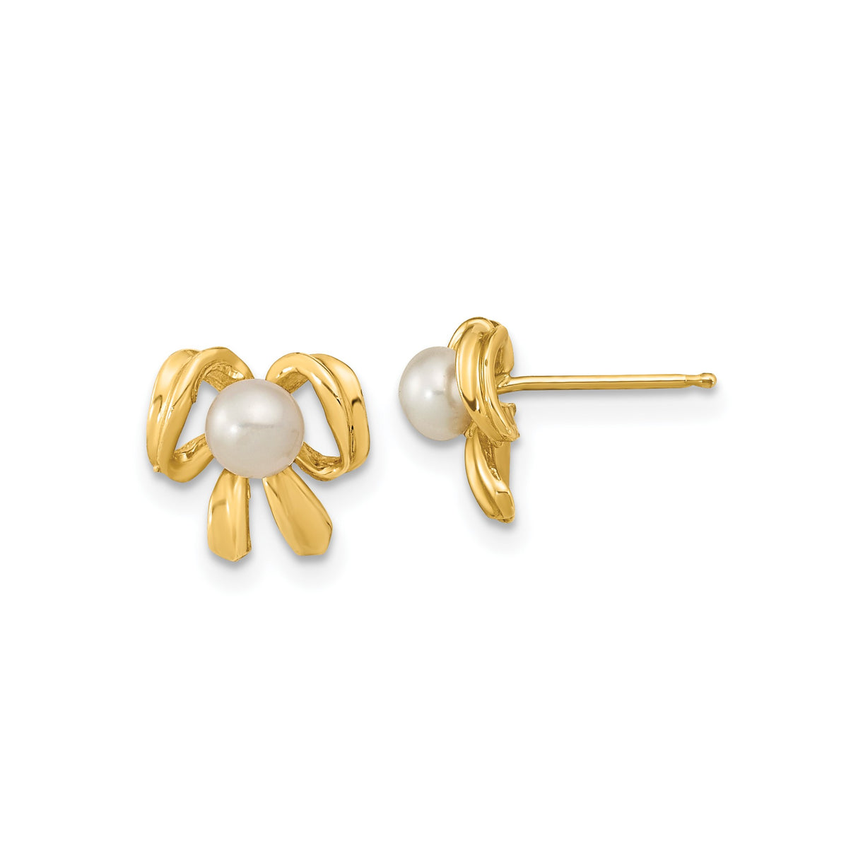 14k Yellow Gold Bow Stud Earrings with Cultured White Pearl, Classic Feminine Design