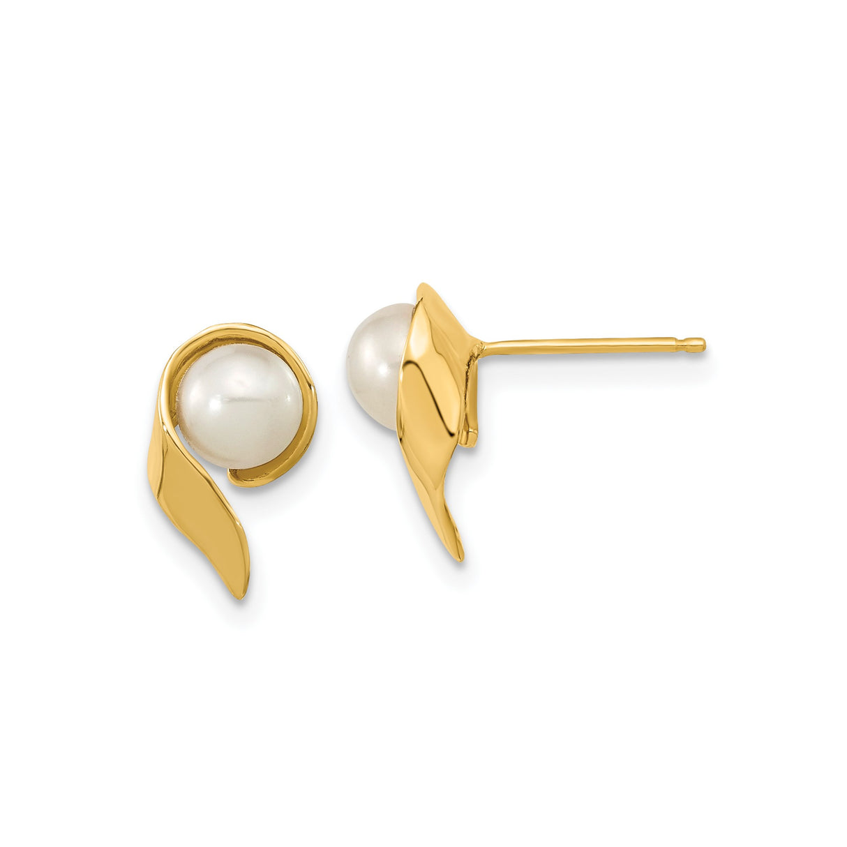 14k Yellow Gold Pearl Stud Earrings with Leaf Wrap Design, Modern Minimalist Style