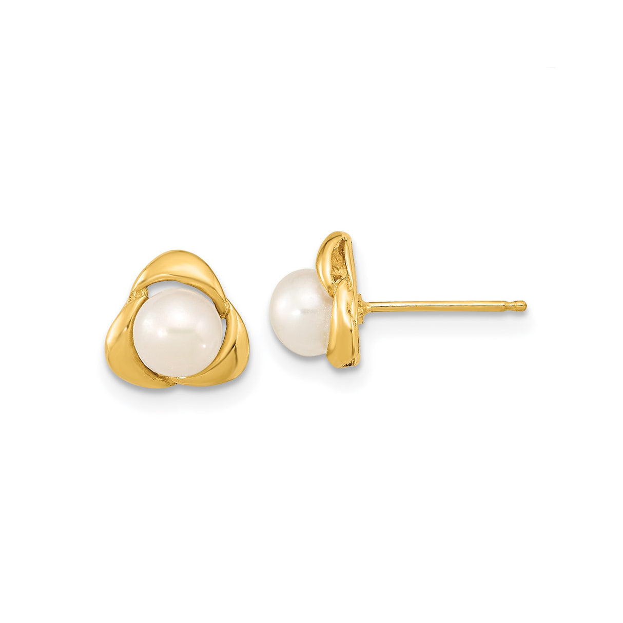 14k Yellow Gold Trinity Knot Stud Earrings with White Freshwater Cultured Pearl