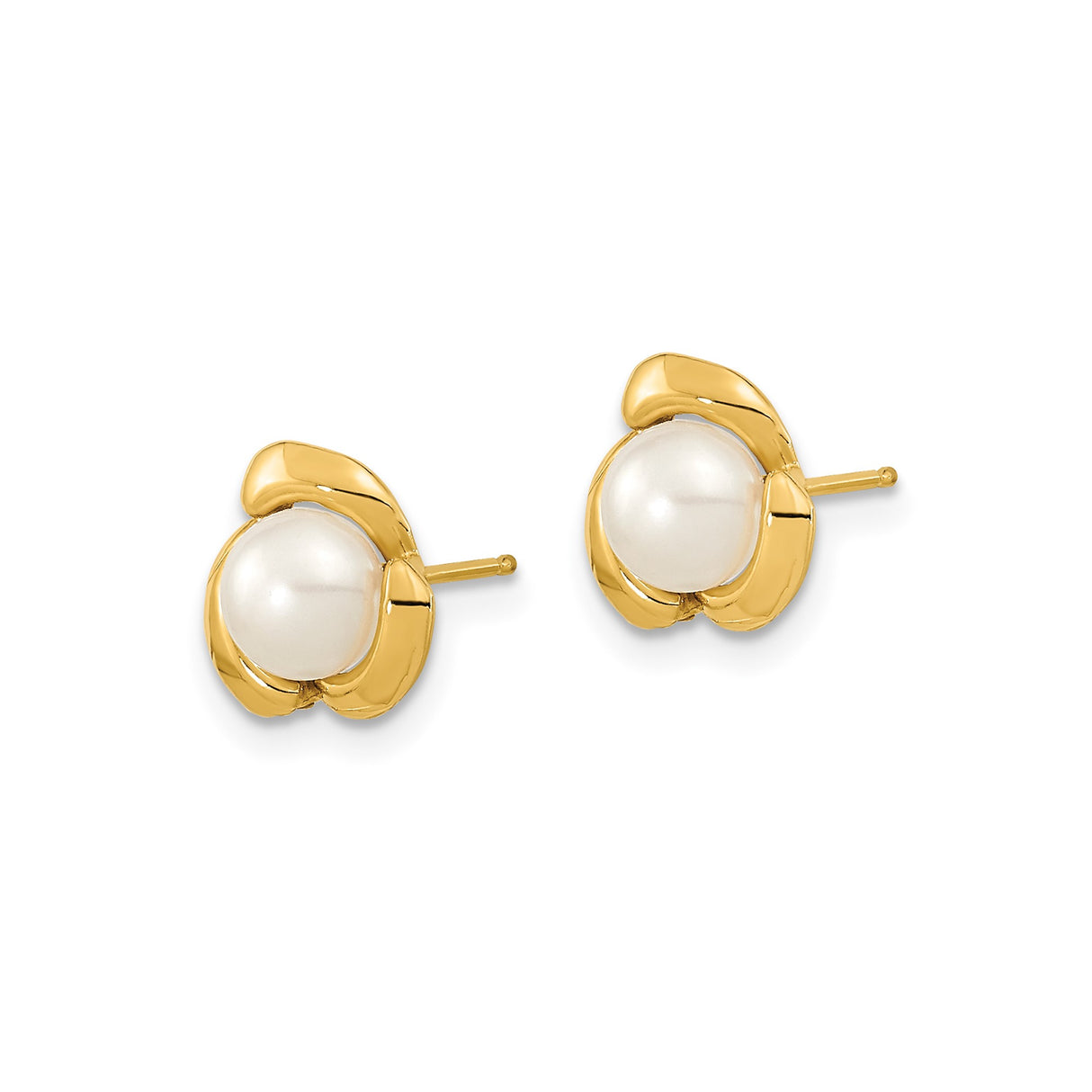 14k Yellow Gold Stud Earrings with White Cultured Pearls, Floral Design