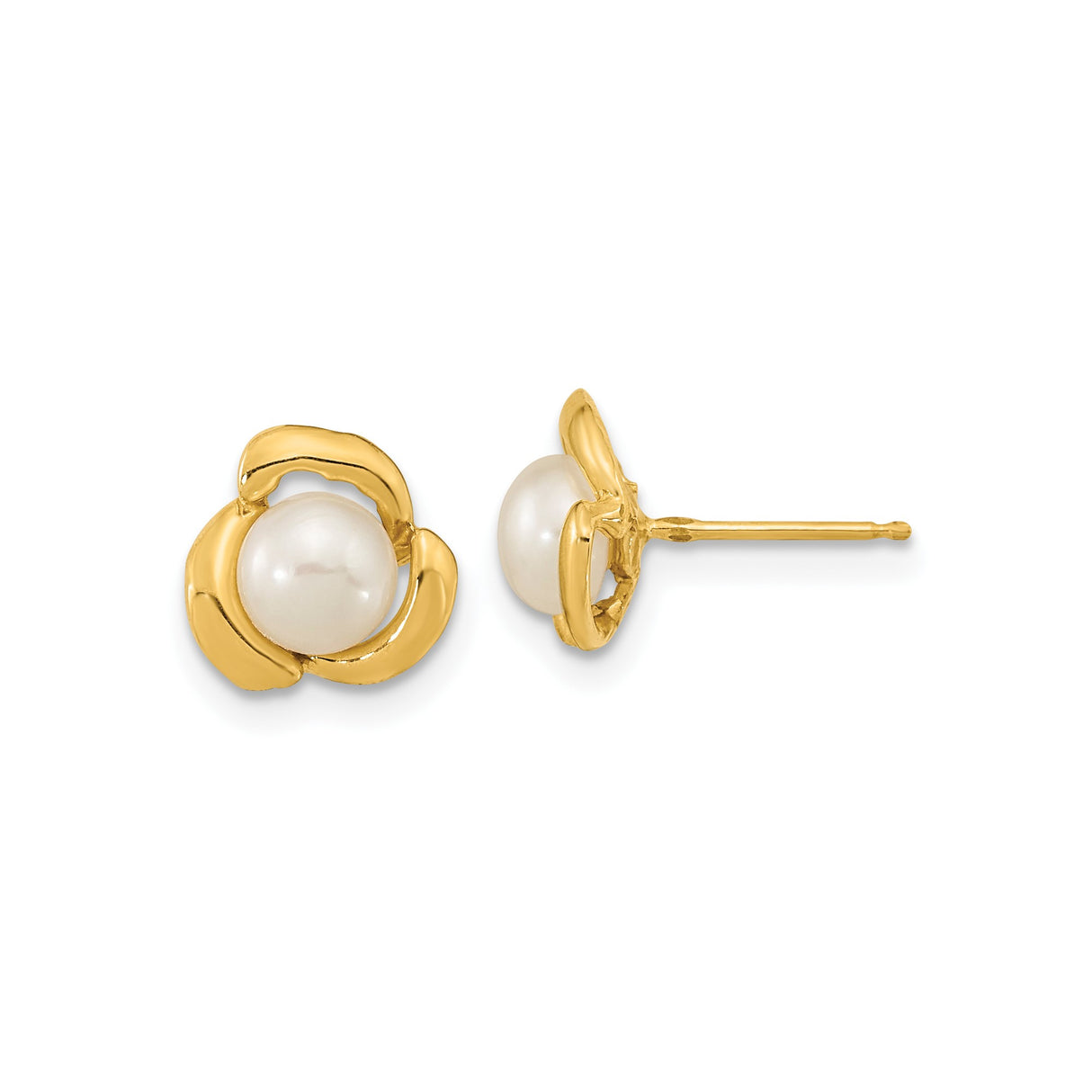 14k Yellow Gold Stud Earrings with White Cultured Pearls, Floral Design
