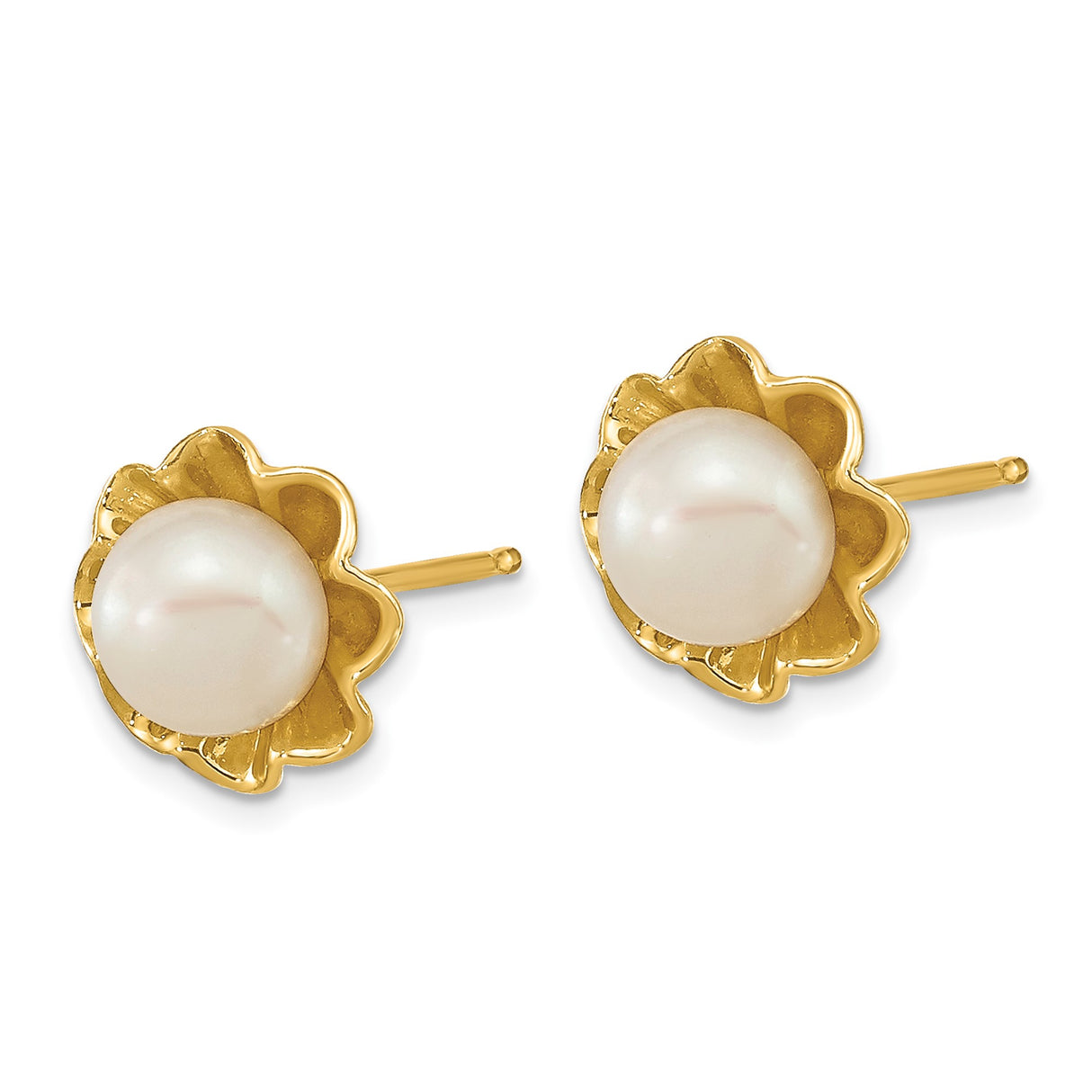14k Yellow Gold Pearl Flower Stud Earrings with Cultured White Pearl Center