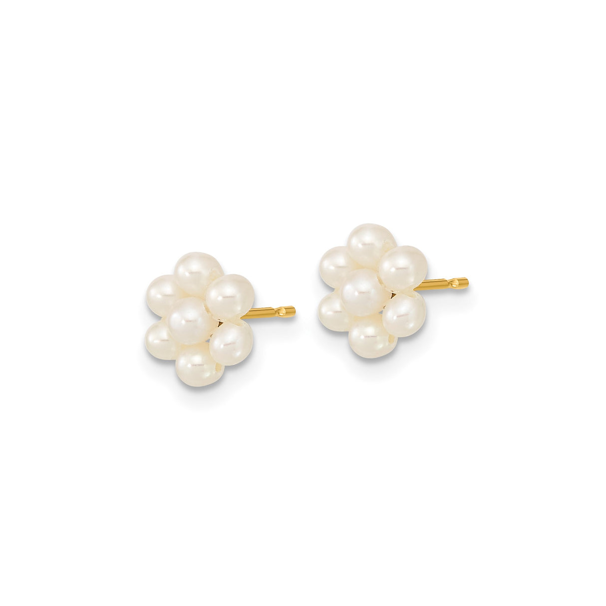 14k Yellow Gold Stud Earrings with White Cultured Pearls in Floral Cluster Design