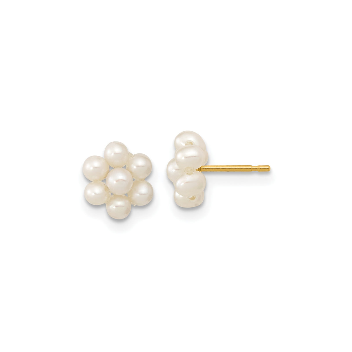 14k Yellow Gold Stud Earrings with White Cultured Pearls in Floral Cluster Design