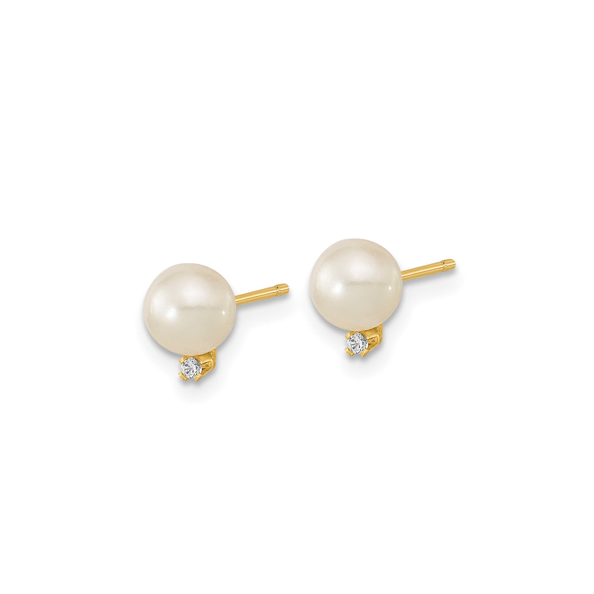 14k Yellow Gold Stud Earrings with Round White Pearls and Cubic Zirconia Accents