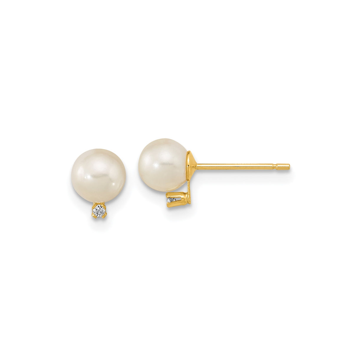 14k Yellow Gold Stud Earrings with Round White Pearls and Cubic Zirconia Accents