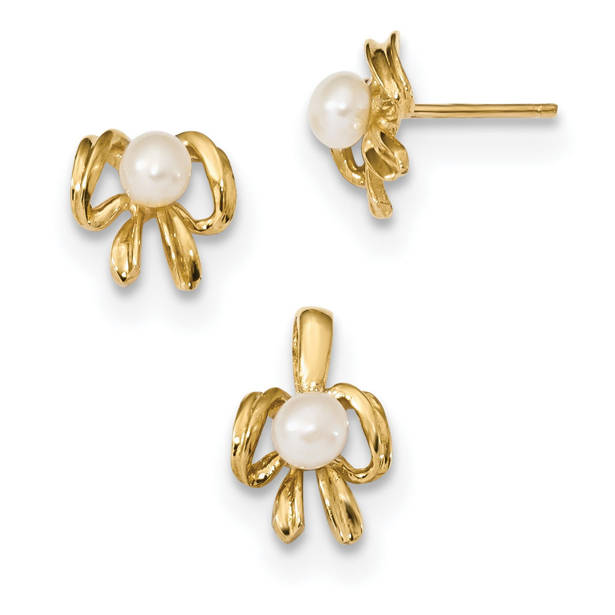 Kids 4-5mm FWC Pearl Earrings Charm Pendant in Real 14k Yellow Gold