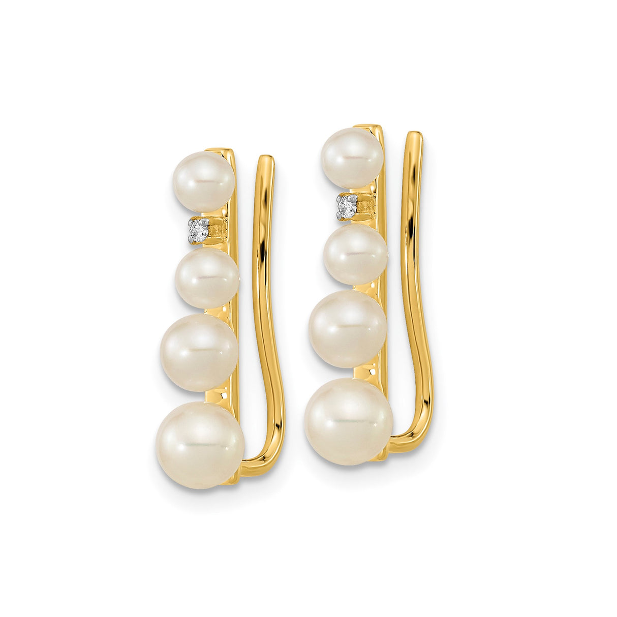 14k Yellow Gold Ear Climber Earrings with Cultured Pearls and Diamond Accent, Graduated Crawler Design