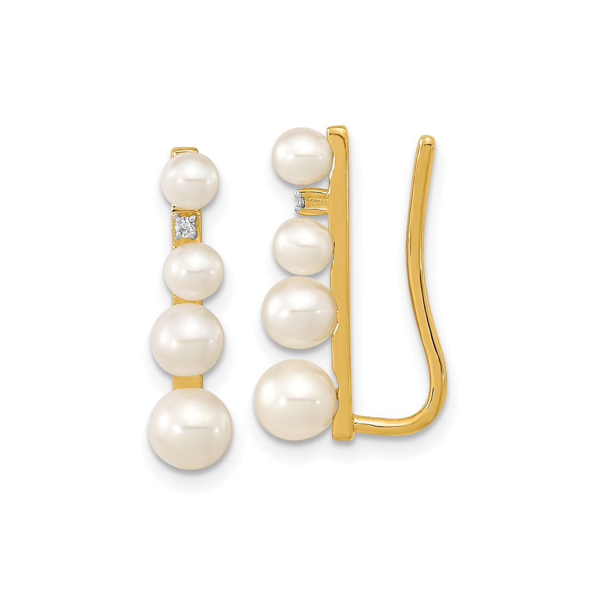 14k Yellow Gold Ear Climber Earrings with Cultured Pearls and Diamond Accent, Graduated Crawler Design