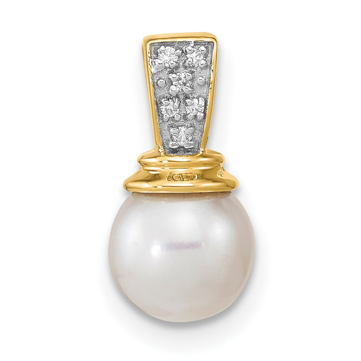 14k Yellow Gold Pendant with White Cultured Pearl and Diamond Accented Bail