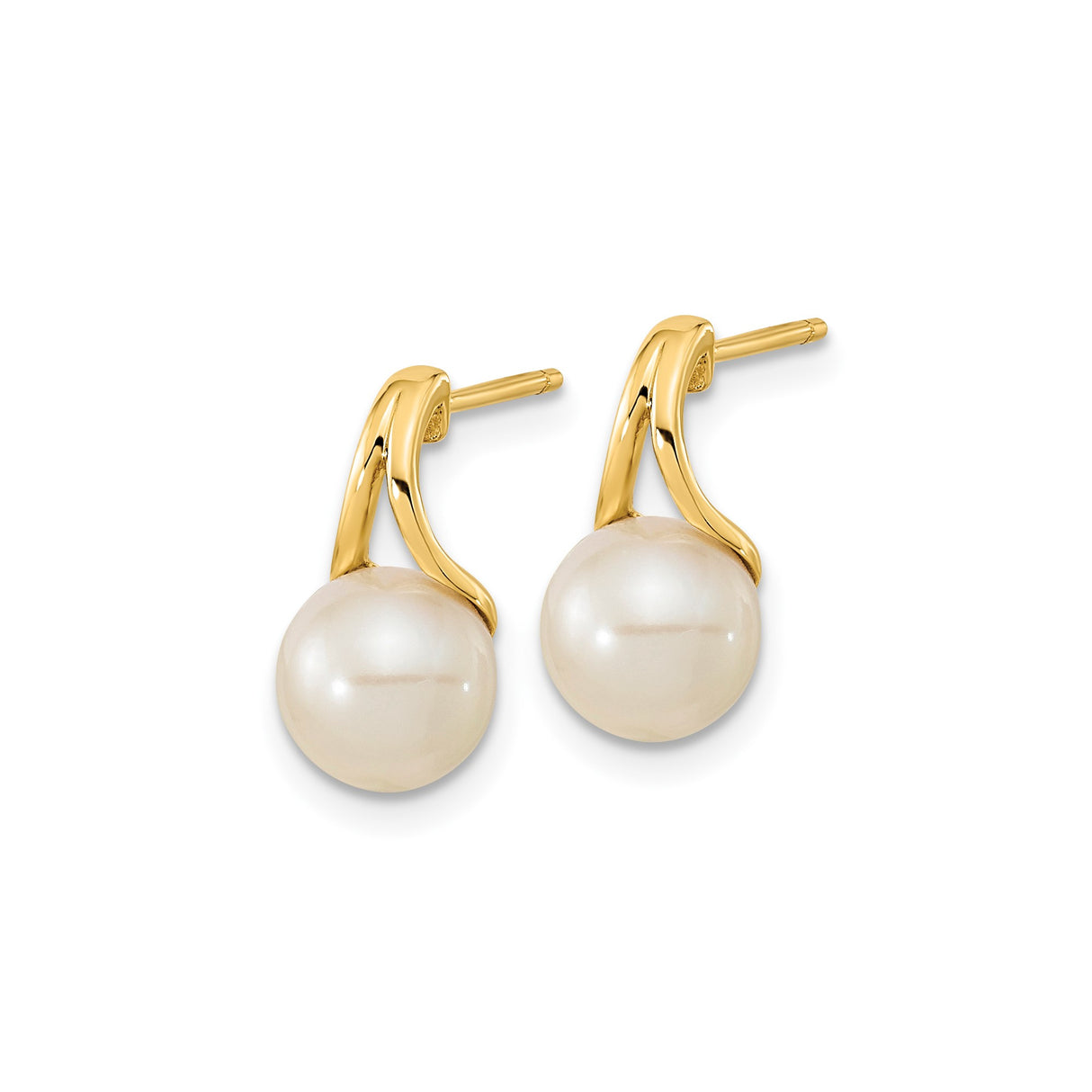 14k Yellow Gold Pearl Stud Earrings with Twisted Design, Round White Cultured Pearls