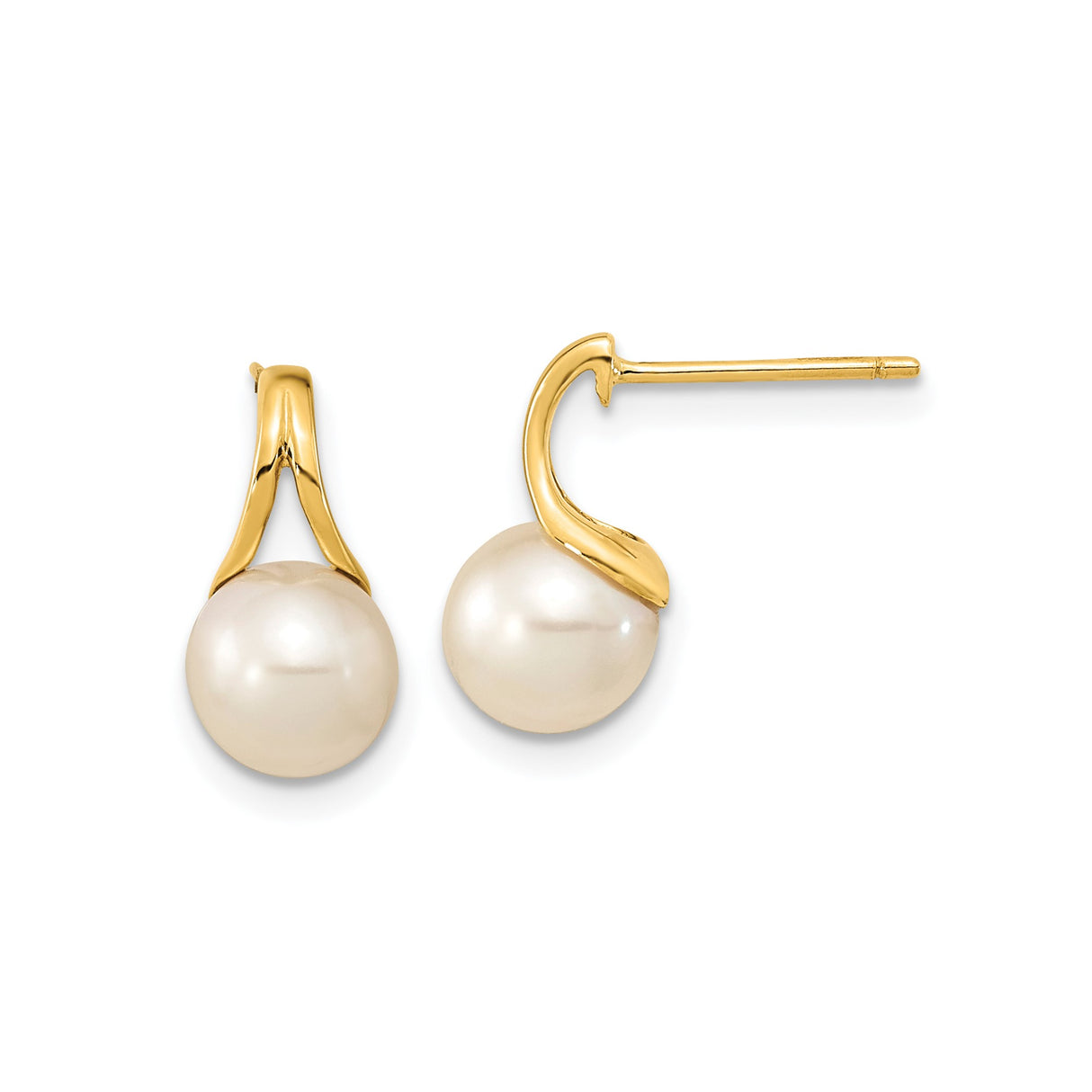 14k Yellow Gold Pearl Stud Earrings with Twisted Design, Round White Cultured Pearls