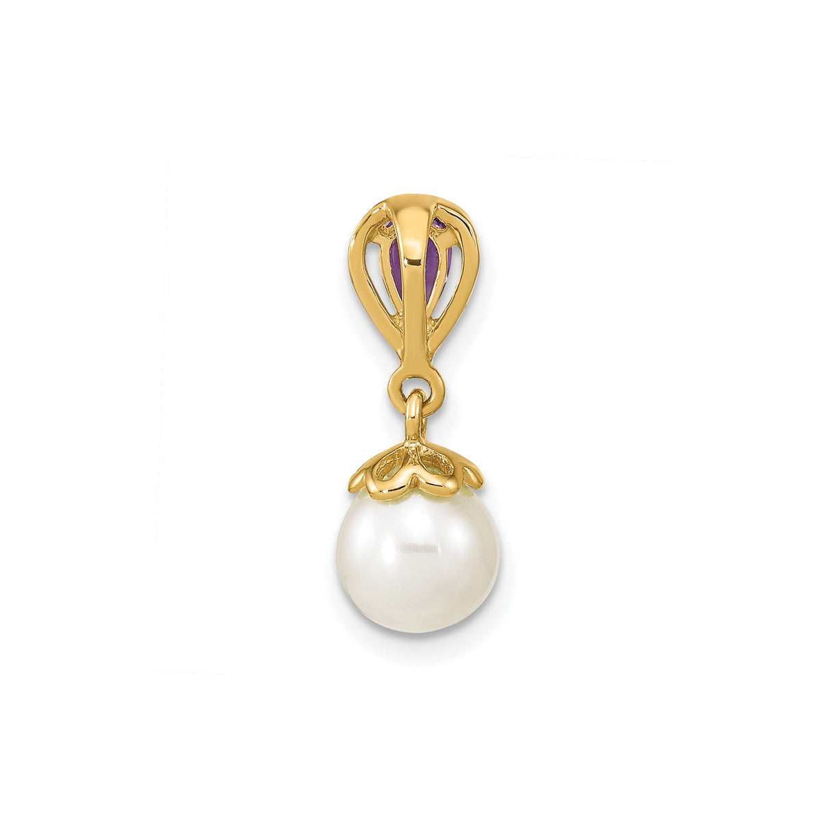 14k Yellow Gold Pendant with Amethyst and White Pearl Drop, Floral Detail