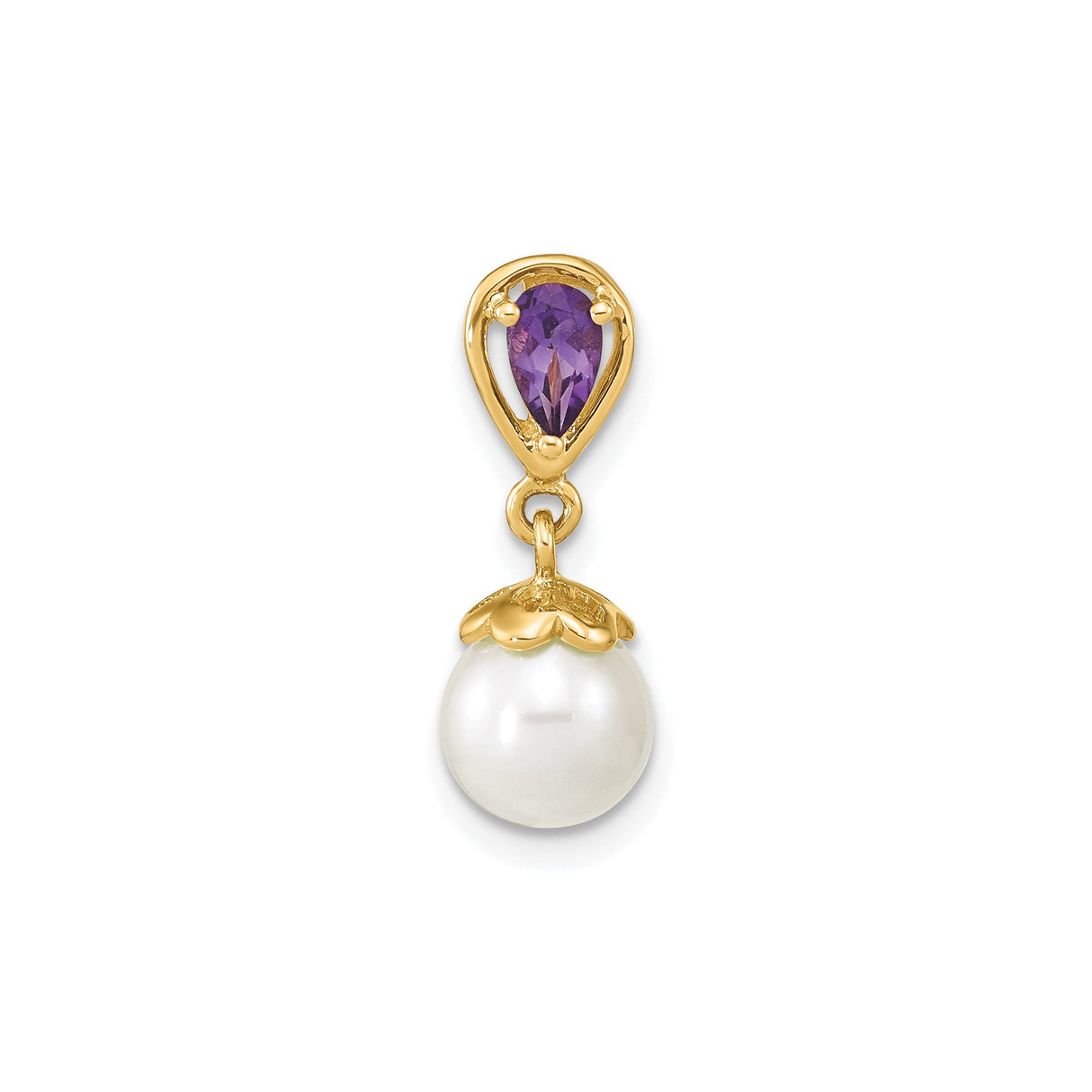 14k Yellow Gold Pendant with Amethyst and White Pearl Drop, Floral Detail