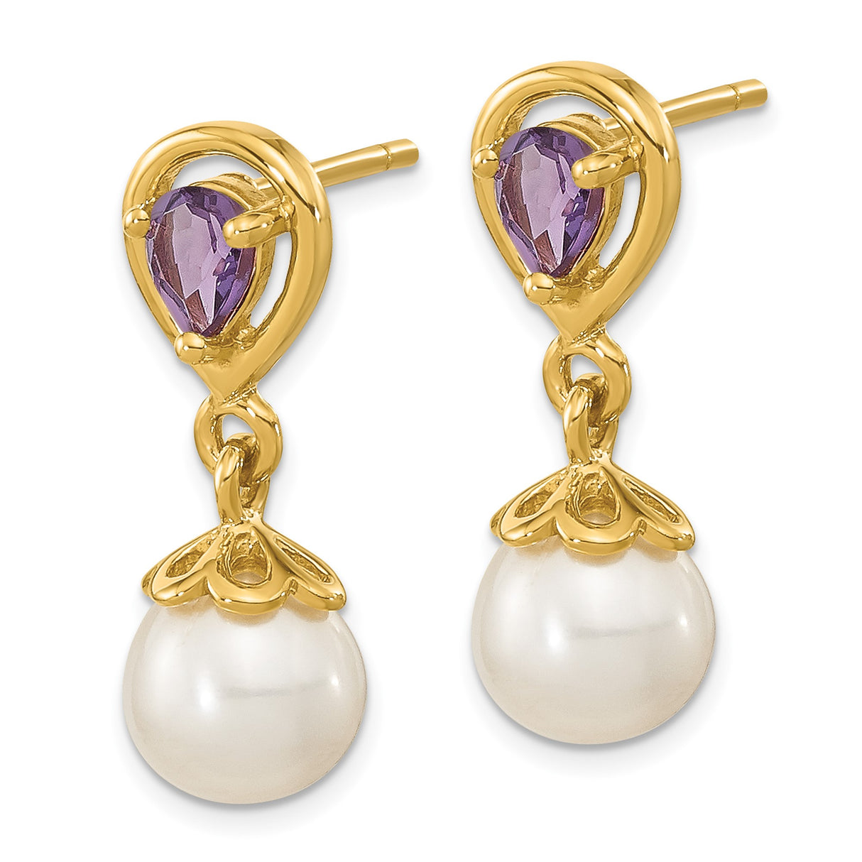 14k Yellow Gold Dangle Earrings with Amethyst and White Cultured Pearl Drops