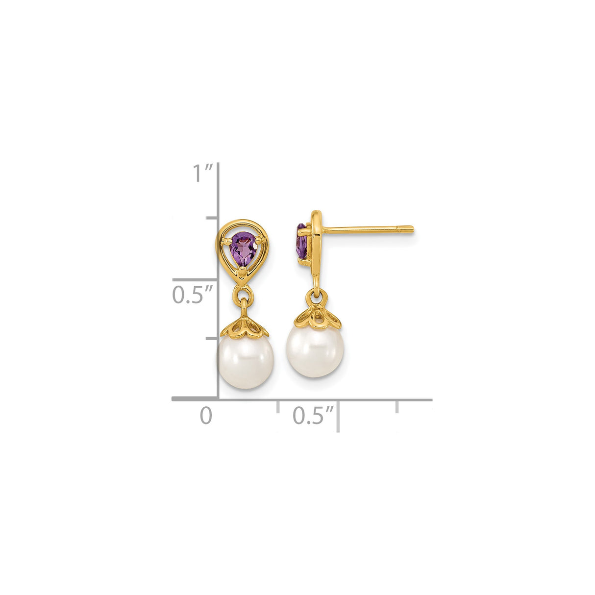 14k Yellow Gold Dangle Earrings with Amethyst and White Cultured Pearl Drops