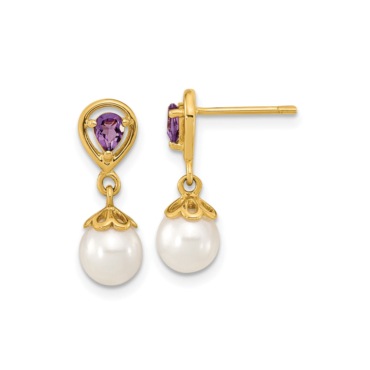 14k Yellow Gold Dangle Earrings with Amethyst and White Cultured Pearl Drops