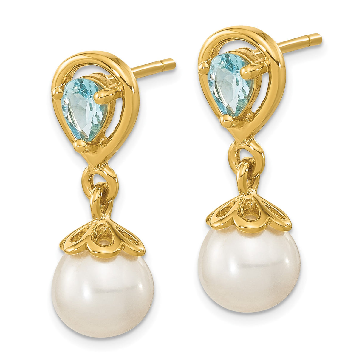 14k Yellow Gold Dangle Earrings with Cultured Pearl and Teardrop Blue Topaz, Floral Design