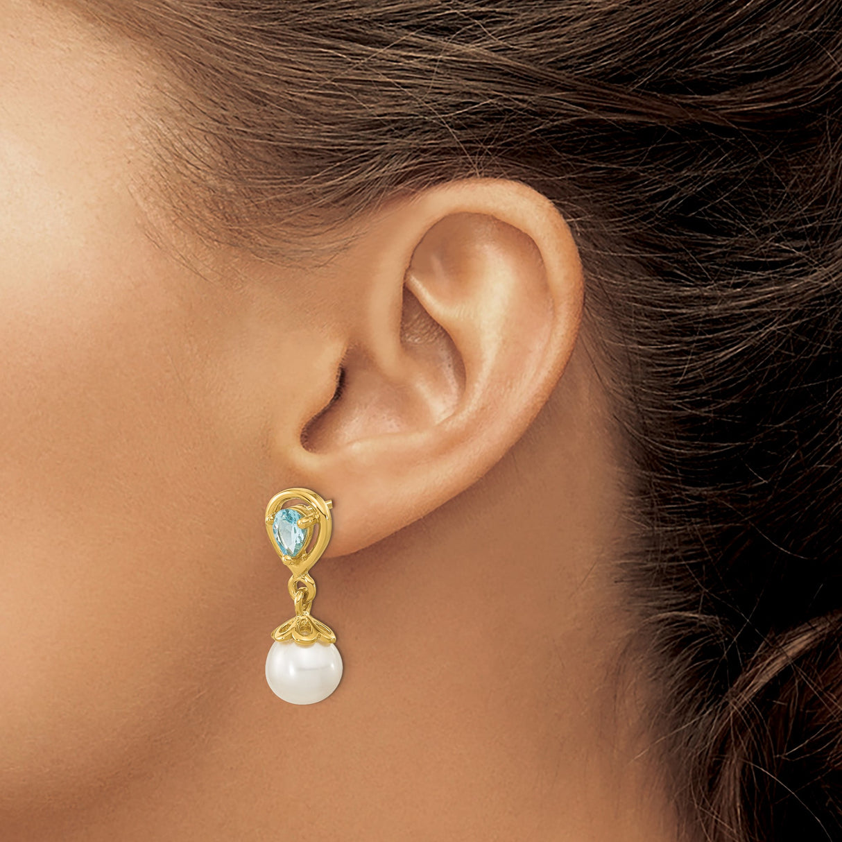 14k Yellow Gold Dangle Earrings with Cultured Pearl and Teardrop Blue Topaz, Floral Design