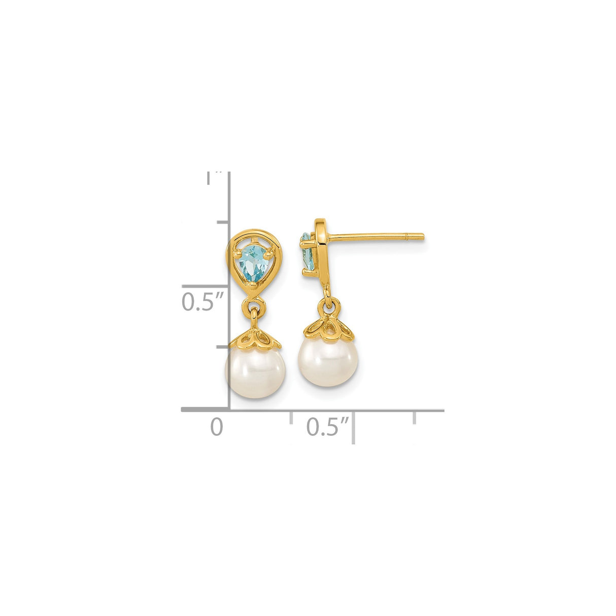 14k Yellow Gold Dangle Earrings with Cultured Pearl and Teardrop Blue Topaz, Floral Design