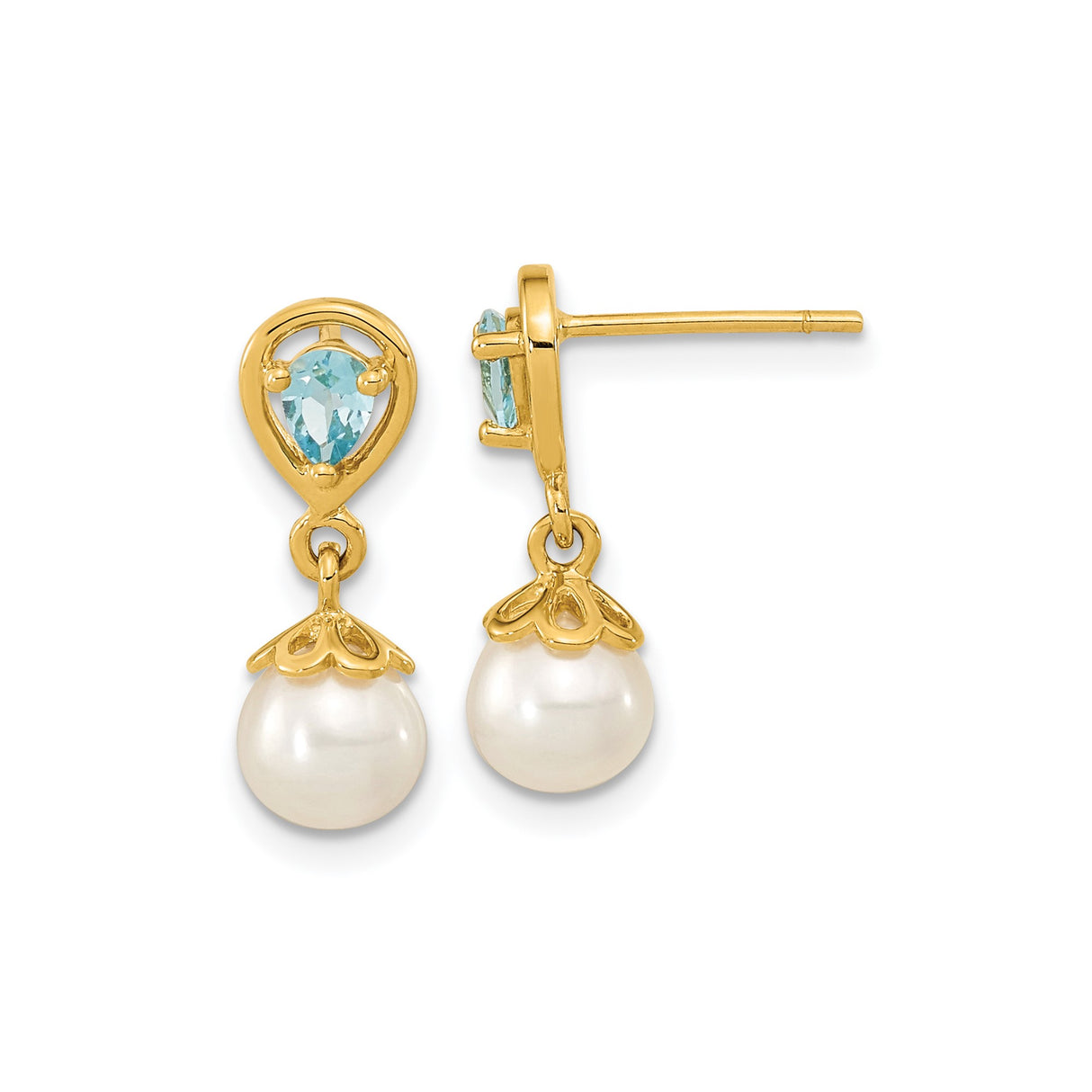 14k Yellow Gold Dangle Earrings with Cultured Pearl and Teardrop Blue Topaz, Floral Design