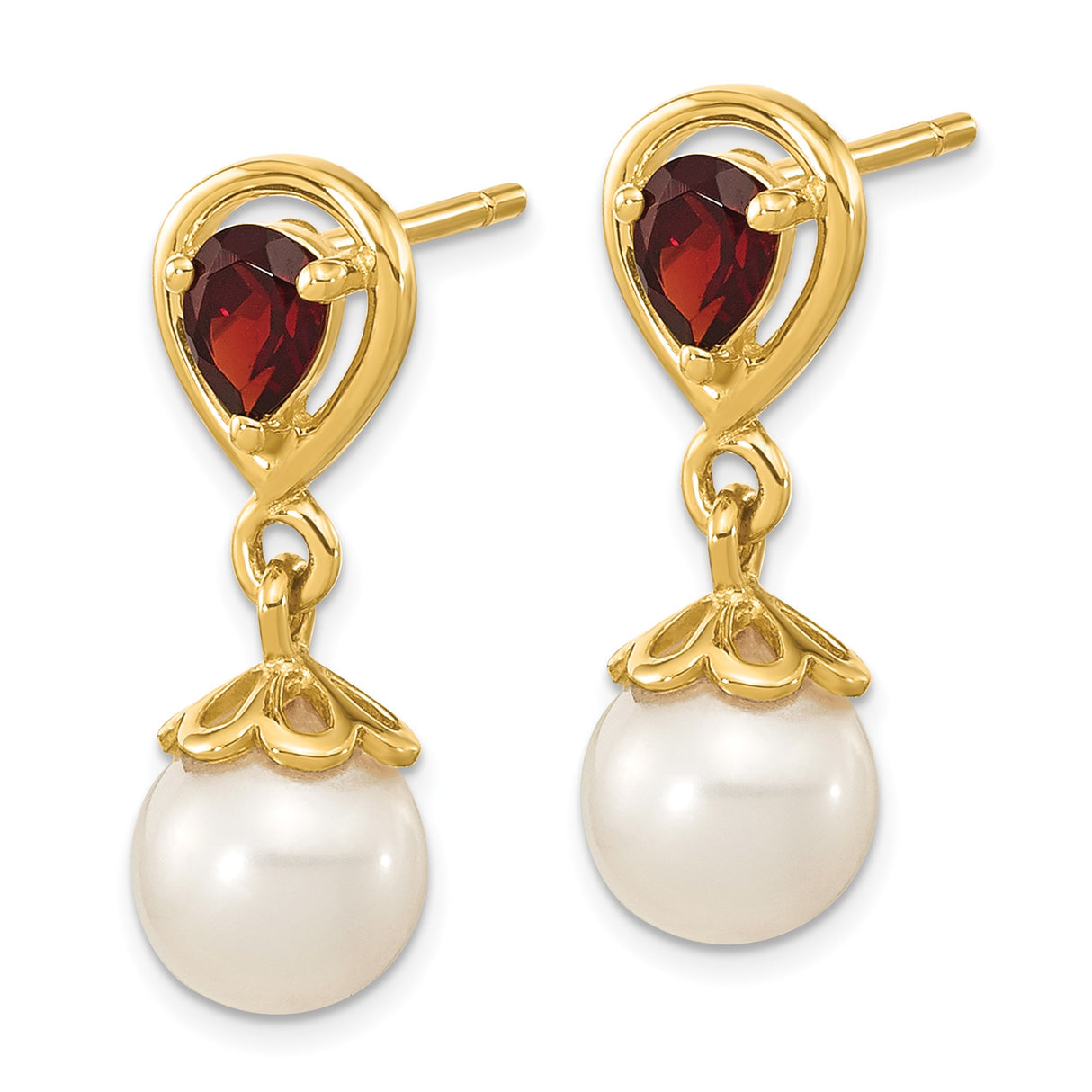 14k Yellow Gold Dangle Earrings with Garnet and Cultured White Pearls, Floral Teardrop Design