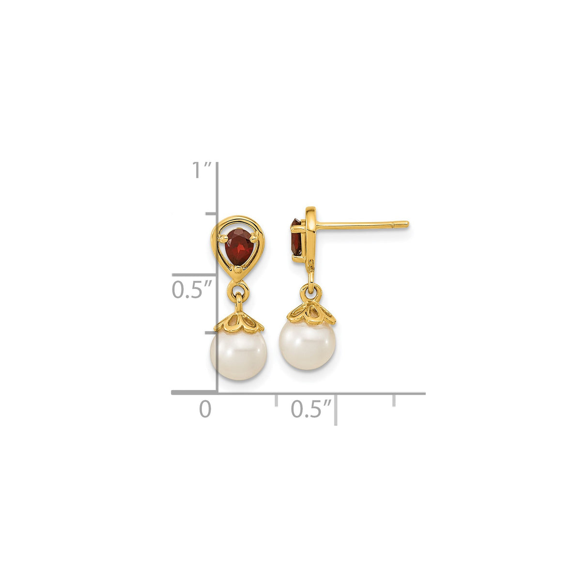 14k Yellow Gold Dangle Earrings with Garnet and Cultured White Pearls, Floral Teardrop Design