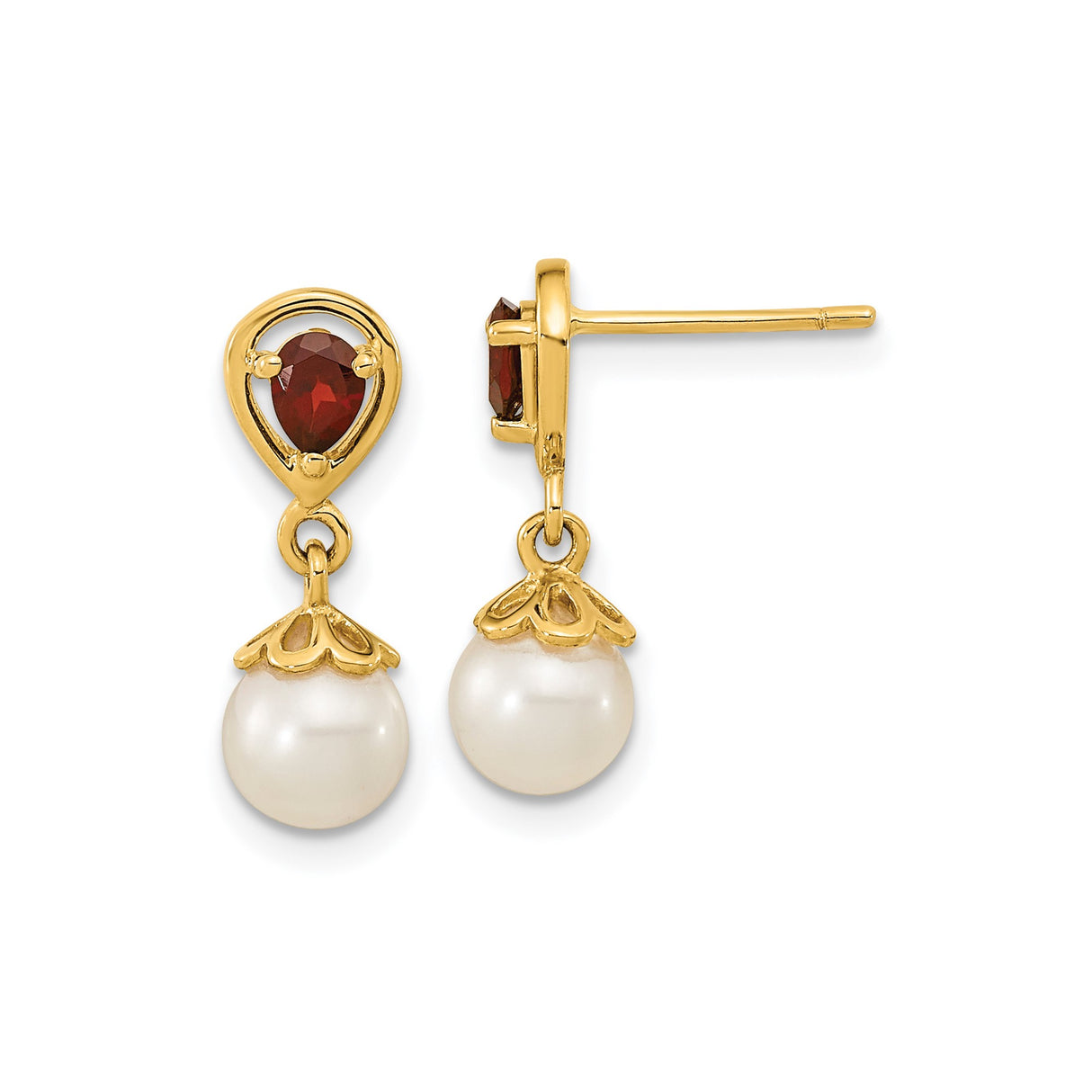 14k Yellow Gold Dangle Earrings with Garnet and Cultured White Pearls, Floral Teardrop Design