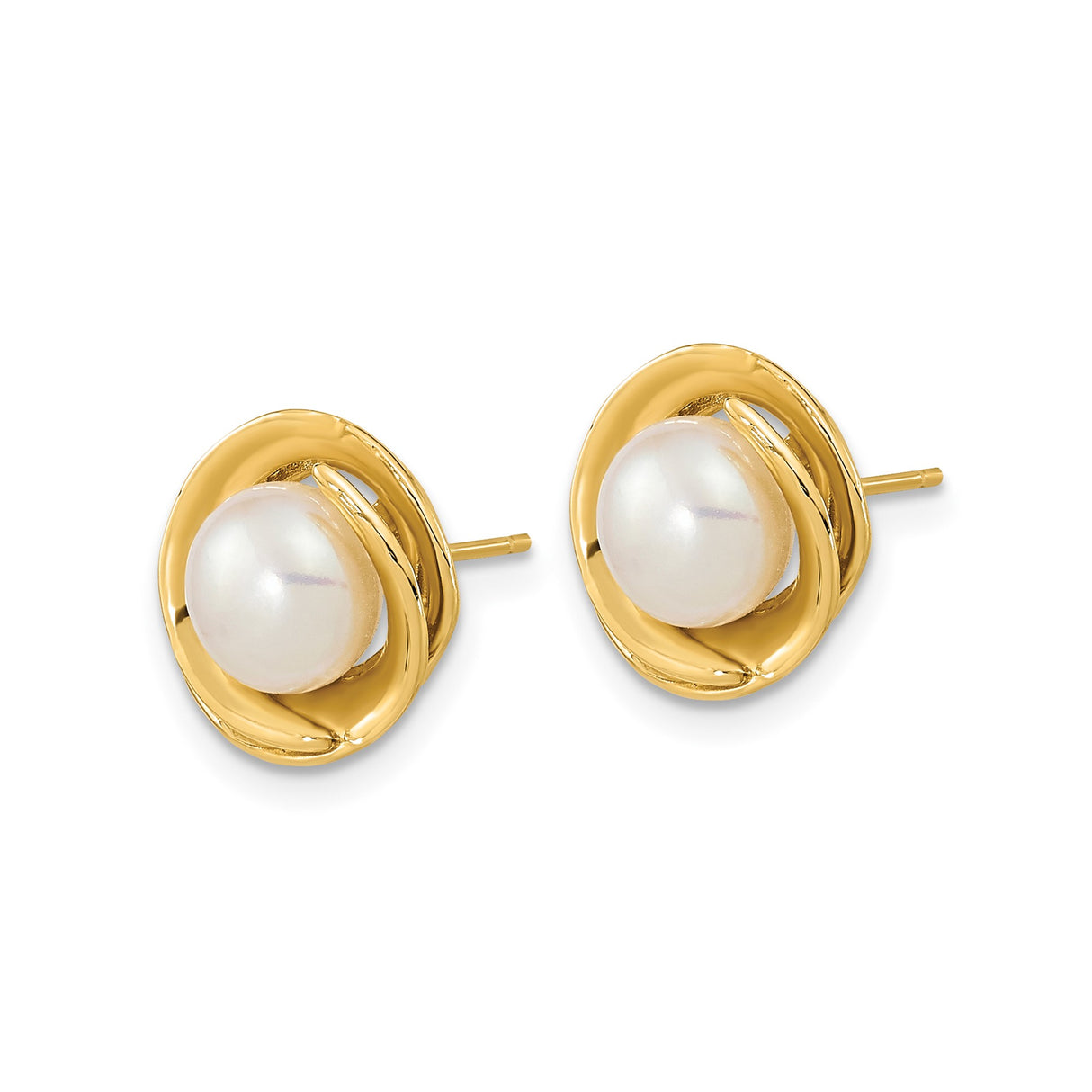 14k Yellow Gold Stud Earrings with Round White Cultured Pearls, Twisted Swirl Design