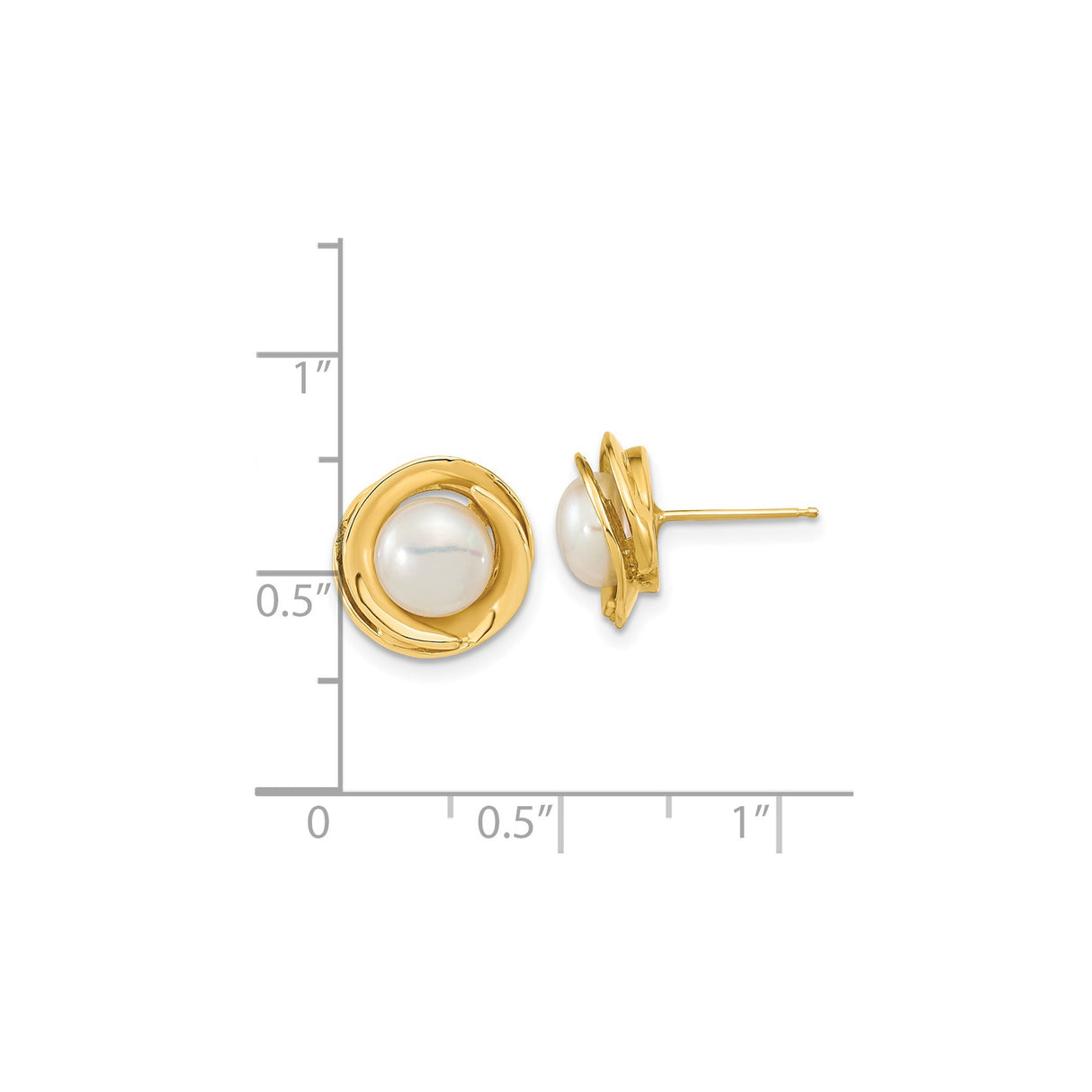 14k Yellow Gold Stud Earrings with Round White Cultured Pearls, Twisted Swirl Design